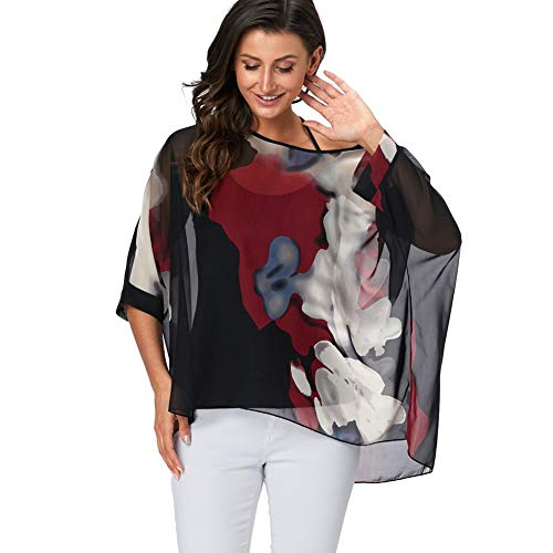 Image of Ckikiou Plus Size Batwing Flowy Semi Sheer Chiffon Blouse Tunic for Women Summer Floral Print Boho Beach Cover ups
