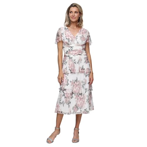 Image of S.L. Fashions Women's Short Sleeve V-Neck Midi Cocktail Dress W /Ruched Waist, Wedding Guest Gown (Petite and Regular Sizes)