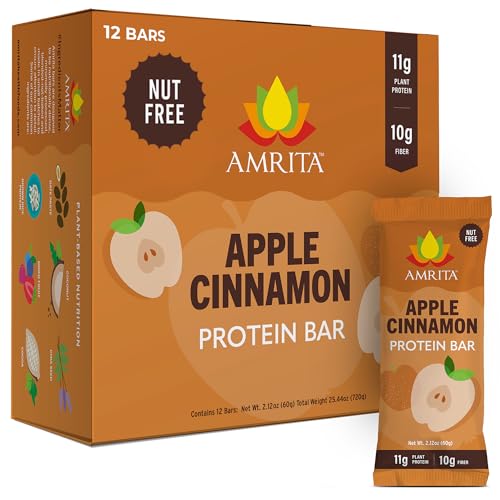 Amrita Nut Free Apple Cinnamon Vegan Protein Bars (12 Count) | 11g Plant-Based Protein Bar | Peanut Free, Gluten Free, and Dairy Free | Low Sugar, High Fiber, Healthy School-Safe Snacks