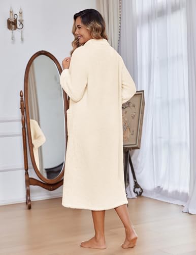 Image of Ekouaer Women Zipper Robe Fleece Long Sleeves Bathrobe Sleepwear Warm Soft Housecoat with Pockets Zip Up House Dresses