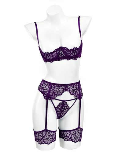 Avidlove Lingerie Sexy 3 Piece Lingerie Set Floral Lace Cutout Bra Garter Belt Purple — view 2