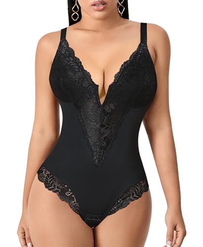 YARRCO Body Gainant Femme Ventre Plat String Gaine Amincissante Body Sculptant Bodysuit Shapewear Col V Dentelle Corset Minceur Lingerie Camisole Top avec Bretelles Réglables (Noir,XL)