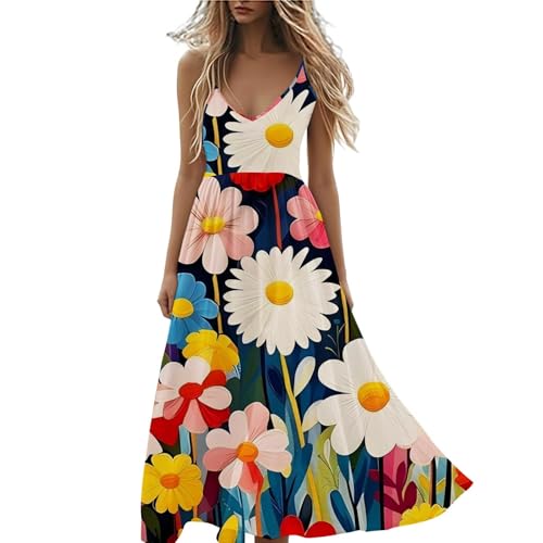 Anthropologie Beach Clothes Summer Dresses for Women Floral Summer Maxi Dresses V Neck Sleeveless Maxi Dress A-1-Blue Bodycon for Women Small