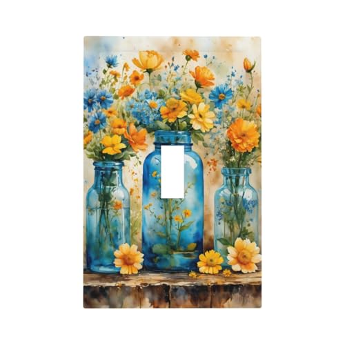 Decorative Switch Covers Plate Rustic Yellow Flowers Floral Blue Bottles 1 Gang Wall Plate Oversized Single Toggle Wall Cover Plate Jumbo Electrical Light Switch Plate Faceplate