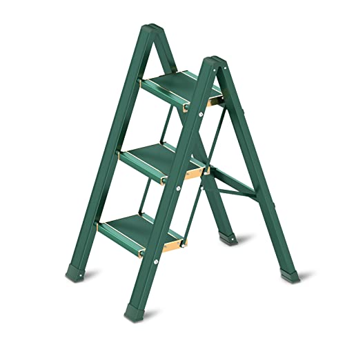 Escada de 3 degraus, banqueta dobrável com pedal largo dourado antiderrapante largo, escadas de alum