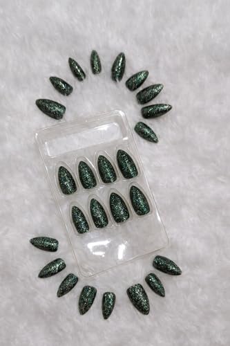 Image of Press On Nails for Women Fake Nails 24 Pcs Nail Extension kit Stick On Nails with Glue and Manicure Kit|Urban Cloud Polished Gloss Press On Nails | ABS Material UV Protected Long Lasting Finish | (Green - Long Stiletto)