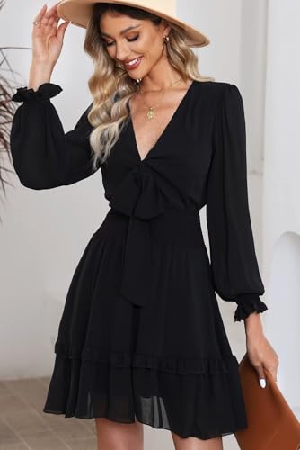 Dokotoo WG5W227391-2-M Womens Casual Spring Summer Sexy V Neck Ruffle Elegant Long Sleeve Empire Waist Tie Knot Cute Chiffon Boho Beach Tunic Swing A Line Flowy Mini Short Skater Dresses thumb #2