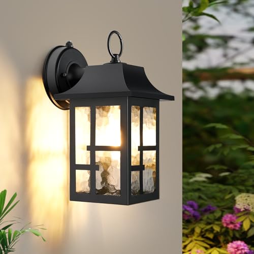 Image of OKELI Dusk to Dawn Outdoor Wall Lights, Exterior Waterproof Lantern, Front Porch Sconce Lighting with Water Ripple Glass Shade, Anti-Rust Wall Lamps Outside Lights for Garage (Black-SIZE-M-2pack)