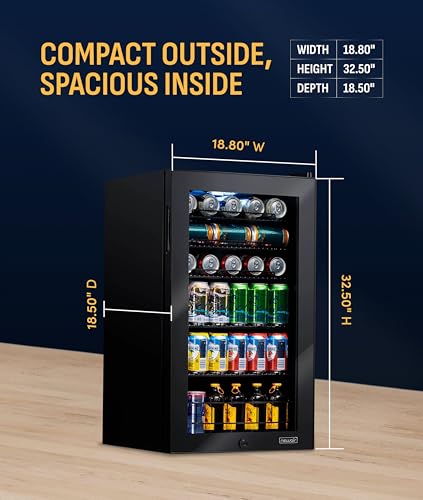 Image of NewAir 126 Can Beverage Refrigerator | Freestanding Small Mini Fridge for Bedroom with Glass Door | Drink Cooler with Adjustable Shelves, Quiet Cooling & Locking Door | Black