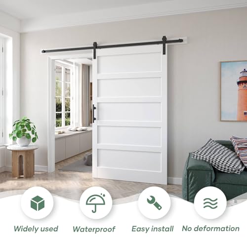 Image of Fredbeck 48x84 inch White Barn Door with 8FT Sliding Door Hardware Kit Included & Handle,MDF,Solid PVC Surface,DIY Assembly,5-Panel,Fit 45in-47in Opening
