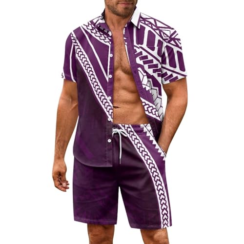 Aloha Tribal Mens Polynesian Hawaiian Matching Set Short Sleeve Button Down Hawaiian Shirt and Beach Shorts Set