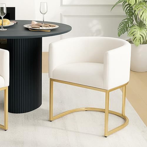 Image of HNY Mid Century Modern Upholstered Barrel Dining Chair with Arms, Velvet Kitchen & Dining Room Chair, 18.5 inch Wide Accent Chairs for Living Room with Gold Metal Frame, Cream