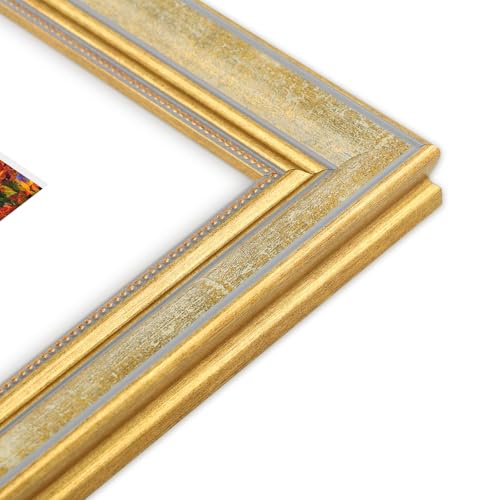 Image of Golden State Art,8.5x11 Ornate Picture Frame Holds 6x8 Photo,Vintage Gold | Includes plexiglass front,white mat,easel stand,build-in hangers and buttons.Displays 6x8 photo on wall or tabletop
