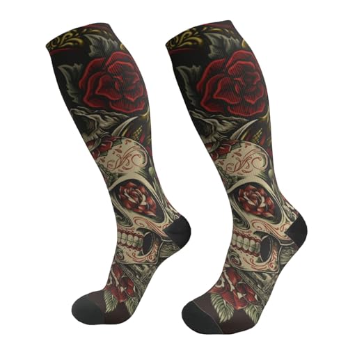 ANSGSD Tattoo Skull Rose Compression Socks Women And Men For Nurses Travel Pregnancy Recovery Running Athletic