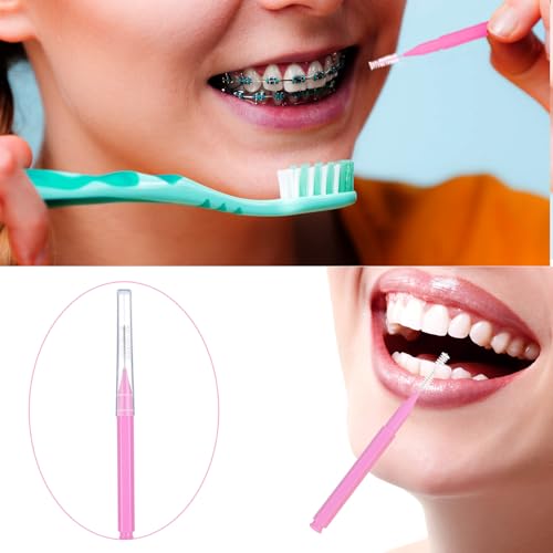 Image of Patelai 100 Pieces Braces Dental Brush for Cleaner Interdental Toothpick Dental Tooth Flossing Head Oral Hygiene Flosser Toothpick Cleaners Tooth Tool(Light Pink,Suitable Size)