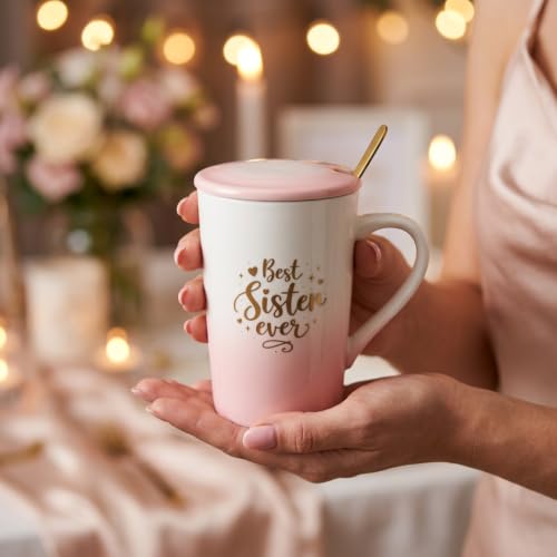 Image of ZAICUS Best Sister Ever Coffee Mug with Lid & Spoon, Rakhi Gift for Sister | Suitable for Hot & Cold Beverages | Ceramic Mug | Elegant White & Pink Gradient Finish