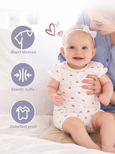 Image of Kidbea Organic Cotton Baby Romper for Infant Girls Front Button Half Sleeve Jumpsuit | Cute Printed Newborn Baby Girl Daily Comfort Wear