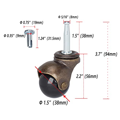 1.5" Ball Casters Stem Caster Wheels with 5/16" x 1-1/2" (8 x 38mm) Stem Antique Gold Ball Caster Swivel Caster for Furniture Casters Sofa Chair Cabinet Set of 4 (Without Brakes)