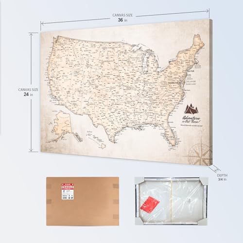 Image of IPIC - Vintage USA Map Pin Board Canvas Wall Art, Travel Map with Pins Included, Ready to Hang for Home or Office 36x24 Inch