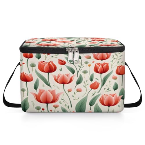 GzLeyigou Red Flowers Lunch Bags for Women Men 9 Cans, Hot & Cold Food Delivery Bag Insulated Grocery Bag Insulated Lunch Box Tulips Cooler Bag for Office Work Picnic Beach
