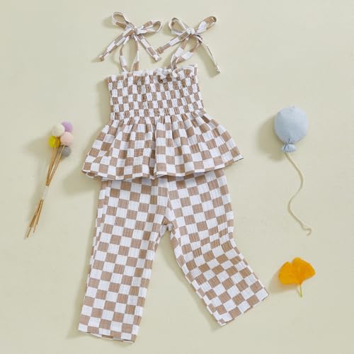 Image of Thorn Tree Toddler Girl Clothes Plaid Printed Sleeveless Pleated Camisole Linen Pants Set Baby Summer Outfits
