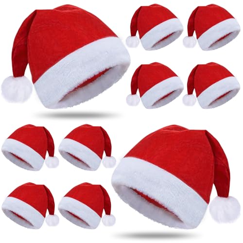 KaTiSeMo 10Pcs Santa hats bulk Christmas Hat bulk for Adults Gorros De Navidad for women and men Classic Plush Fluffy for Xmas New Year Party Decorations