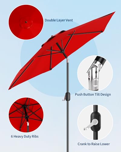 7.5FT Outdoor Patio Umbrella, Table Market Umbrella With Push Button Tilt and Crank, 6 Sturdy Ribs UV Protection Waterproof for Garden, Deck, Backyard, Pool (Red)