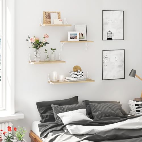 YGEOMER Floating Shelves for Wall, Different Sizes Natural Wood Wall Shelves for Living Room, Bathroom, Bedroom, Kitchen, Home Decor (Set of 4)