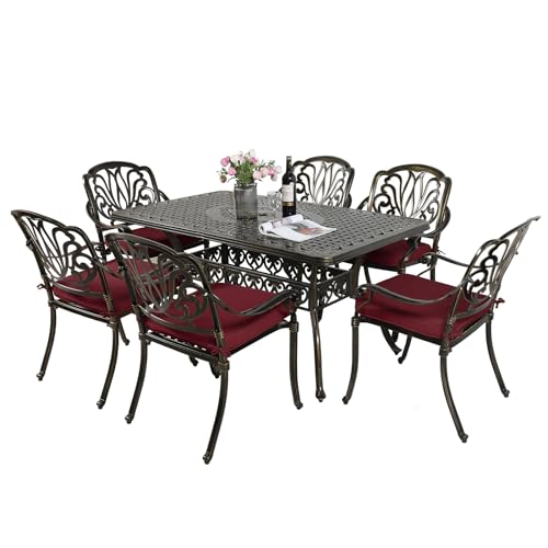 Image of MEETWARM 7-Piece Outdoor Patio Dining Set, 6 Outdoor Dining Cushioned Chairs and 1 Rectangle Table with 2 inch Umbrella Hole, All Weather Cast Aluminum Patio Funiture Set for Backyard, Chili Red