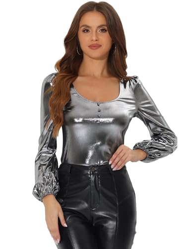Image of Allegra K Metallic Blouse for Women's Sparkly Party Club Shiny Bishop Sleeve Disco Glitter Tops