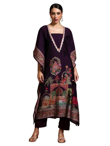 Image of Varanga Women-Zari & Sequin Detailed Ethnic Printed Flared Kaftan With Trouser