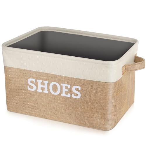 Lukeline Fabric Shoe Basket for Entryway, Hallway or Mudroom - Flodable Space-Saving Storage Bin for Closet, Decorative Home Decor (Beige)