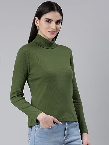 Image of TWIN BIRDS Women Cotton Turtle Neck Ribbed Tee | Full Sleeve Winter Top