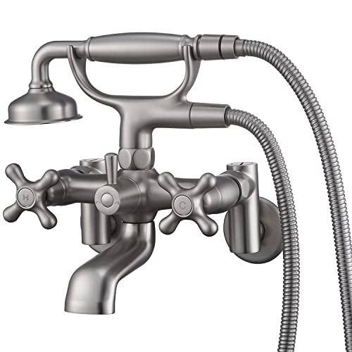 Grifería de Bañera Vintage Montada en Pared, Centro Ajustable, Níquel Cepillado | Diseño Vintage Teléfono, Montaje en Pared, Alto Flujo 8GPM, Latón Macizo, Válvula Anti Fugas, Centro Ajustable miniatura 1