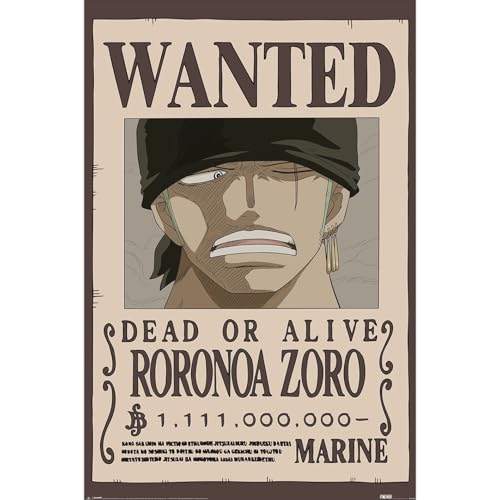 Pyramid International Poster One Piece (Wanted Zoro) - Art mural de qualité supérieure - 90 x 60 cm - Produit sous licence officielle