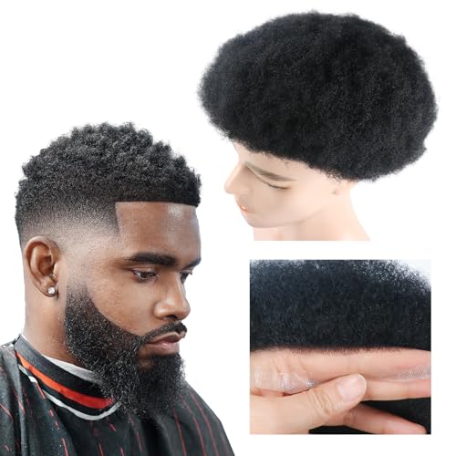 Afro Curly Toupee Men's Wigs for Black African American Male Hair Unit Black Curly Afro Mans Weave Hairpiece1# Jet Black Invisible HD Swiss Lace Replacement Systems 8x10inch Real Human Hair