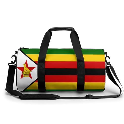 Zimbabwe Flag Travel Gym Bag for Women Men Cylindrical Duffle Bag Sport Workout Bag with Shoulder Strap