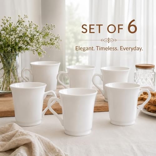 Image of Femora White Ceramic Tea Coffee Mug Set, 180 ml Each, Modern Tapered Shape, Set of 6 Microwave & Dishwasher Safe BPA Free