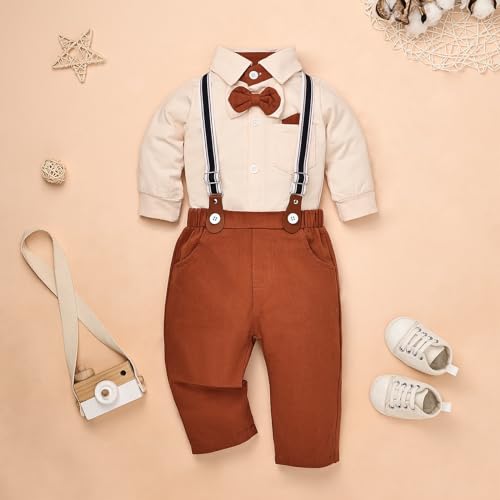 Baby Boy Clothes Gentleman Outfits Infant Bodysuit Long Sleeve Shirt with Bowtie Suspender Pants Suits Set 0-18M2
