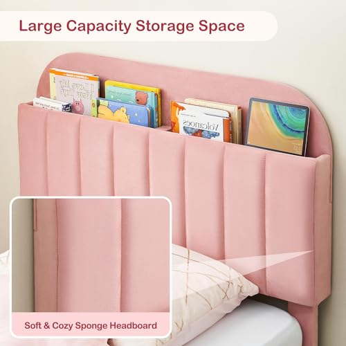 GarveeHome Full Bed Frame with Storage Headboard, Velvet Upholstered Platform Bedframe for Kids, Girl Bed, Strong Wooden Slats, Noise-Free, Easy Assembly, No Box Spring Needed, Light Pink