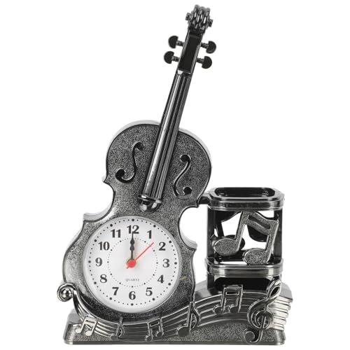 Reloj de mesa con forma de violín vintage y soporte para bolígrafo decorativo 2