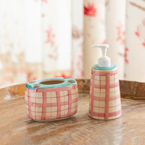 Image of ExclusiveLane 'Gulabi Courtyard' Hand-Painted Ceramic Bathroom Accessories Set of 2 (Liquid Soap Dispenser for Wash Basin, Paste & Toothbrush Holder) |Handwash Dispenser |Bathroom Organiser Set