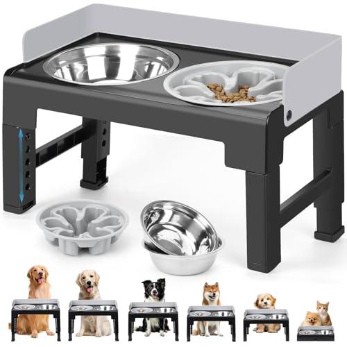 Zivacate Ciotole per Cani Rialzate Regolabili con 6 Altezze e Angolo Inclinato, con 2 Ciotole in Acciaio Inox e 1 Ciotola per Alimentazione Lenta, per Cani di Taglia Piccola Media e Grande