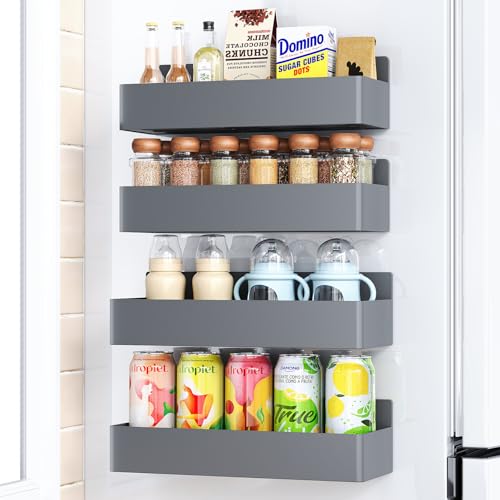 Image of Mystozer Magnetic Spice Rack for Refrigerator, Kitchen Organizer and Storage Shelf, Grey (4 Pack)…