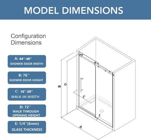 KPUY Frameless Shower Door, 44-48" W x 76" H Sliding Glass Shower Door, 1/4" (6mm) Thick Tempered Clear Glass with Explosion-Proof Film Nano Coating, Stainless Steel Hardware, Matte Black