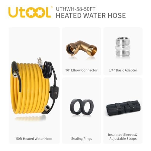 Image of UTOOL 50 FT Heated Water Hose for RV Camper with 90 Degree Elbow, NSF 372 Drinking Water Certified Garden Hose, Automatic Thermostat Antifreeze Protection to -40F, 5 /8 inch ID, 3 /4 inch GHT Adapter