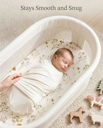 Image of Bassinet Sheets for Baby Girls Boys 2 Pack, Fitted Baby Mattress Sheet for Rectangle, Oval, Hourglass Bassinet Mattress, Breathable Cozy & Universal Fit (Cottage Cow, Bassinet Sheet)