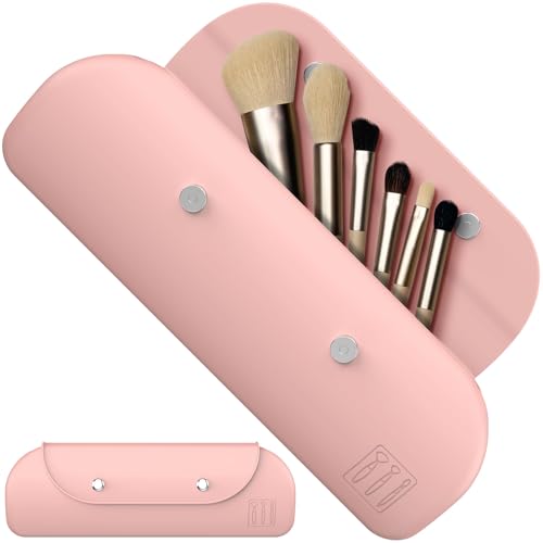 MZLlanyun Silicone Makeup Brush Holder Travel Cosmetic Bag，Toiletry Organizer，Portable Cosmetic Organiser with Two Upgraded Anti-fall Off Magnetic Clips-Pink