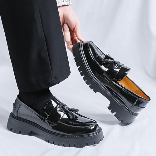 Men's Patent Leather Platform Tassel Loafers - Round Toe Slip-On Chunky Heel Lug Sole Penny Shoes Fashion Business Dress Shoes3