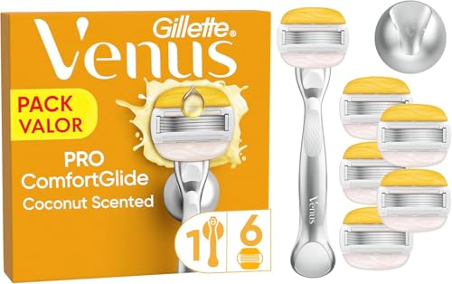 Gillette Venus Pro ComfortGlide Maquinilla De Depilación Y Recambios Con Aroma A Coco Con Crema Hidratante Olay, 1 Mango De Metal, 6 Cuchillas De Recambio Y Soporte Para La Ducha